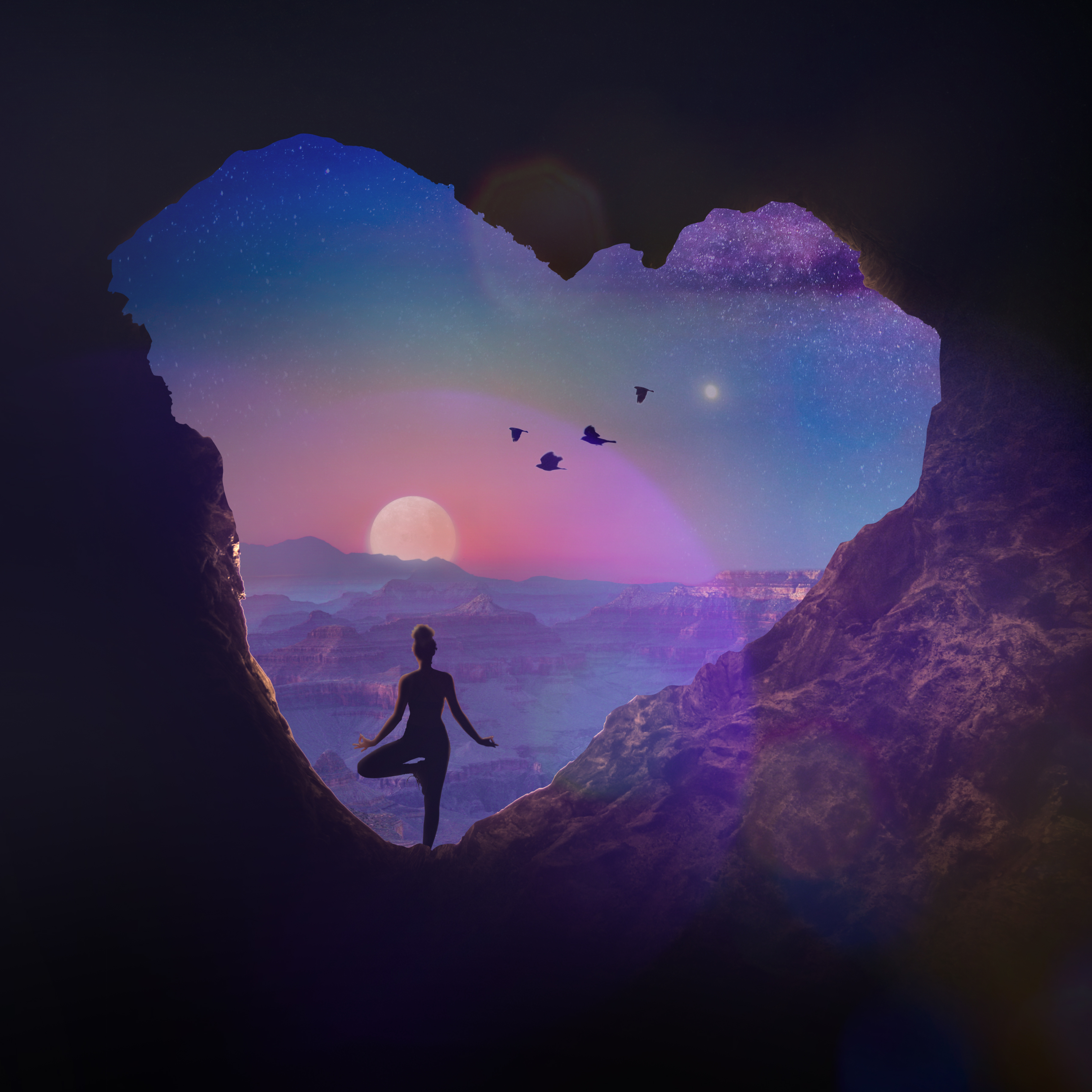 Image: a silhouette of woman in a standing yoga pose against the backdrop of a sunset framed by what appears to be a heart-shaped opening of a rock cave